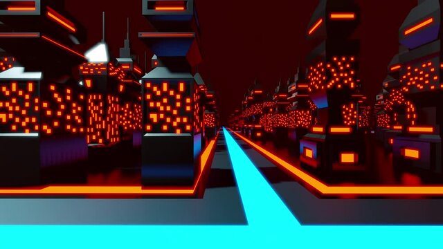 3D Animation of a classic computer game city in the 80s style.