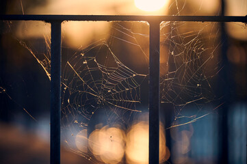 A spider web spun between the struts of a railing and made to glitter by the light of the setting...