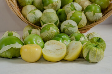 Fresh ripe fruits of vegetable physalis close up on white background
