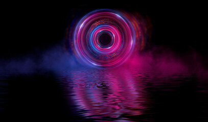 Neon multicolored circle on a black background. Reflection of neon light in water. Night view, circle, bright light figure in the center, smoke. 3D illustration.