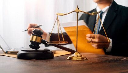 justice and law concept.Male judge in a courtroom on wooden table and Counselor or Male lawyer...