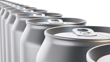 Camera moving over aluminum metal cans for drinks - beer or soda. Perfect background for beverage manufacturing and nutrition business. 3d seamless loopable animation
