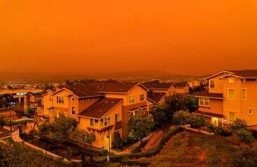 Orange haze over San Francisco on September 9 2020 from record wildfires in Californa, ash and...