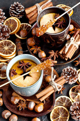 Top view of cup of tea on  dark  background