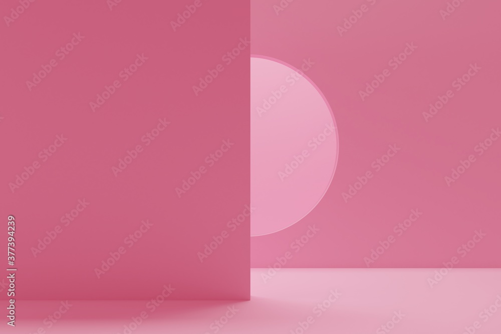Poster abstract background wall with round window in pink room. backdrop design for product promotion. 3d r