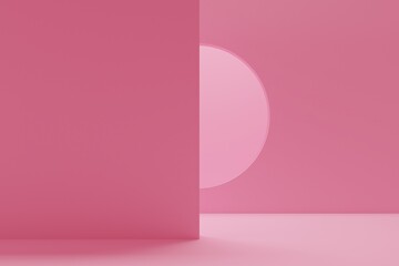 Abstract background wall with round window in pink room. Backdrop design for product promotion. 3d rendering