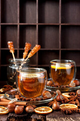 Still life with tea cup on dark background