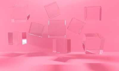 Pink abstract background with shiny flying glass cubes. Backdrop design for product promotion. 3d rendering