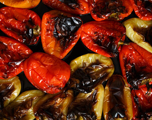 Baked whole pepper on a baking tray. Vegan food. Top view
