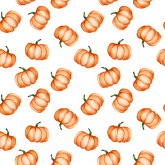 seamless pattern with watercolor pumpkins on a white background. cute print on the theme of autumn, halloween, orange pumpkins. vegetables, autumn harvest. background for wallpaper, fabric, wrapping