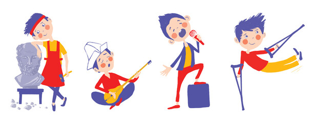 children's activity. sculptor, dombra player, singer, dancer. Isolated on white background