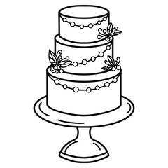 Beautiful festive wedding cake isolated on white background.Vector black and white outline illustration of decorated three-tiered cake. Element for printing, invitation, greeting cards.