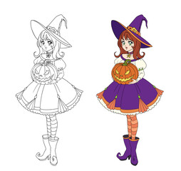 Beautiful cartoon witch holding Halloween pumpkin. Hand drawn vector illustration
