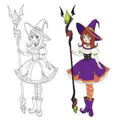 Beautiful anime witch holding big staff. Hand drawn vector illustration
