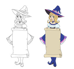 Beautiful cartoon witch holding parchment banner. Hand drawn vector illustration