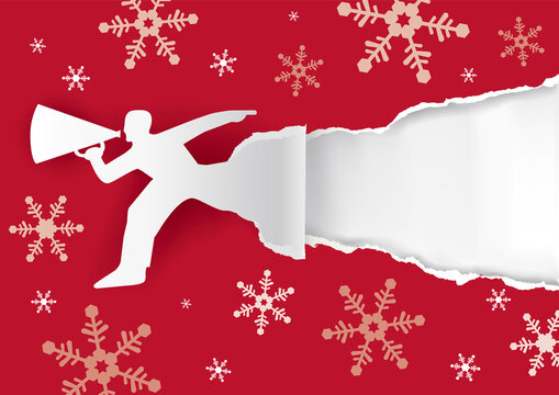 Man with megaphone on red paper background with snowflakes. 
Illustration suitable for original winter flyer or banner. Place for your text or image. Vector available.