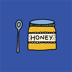 A hand drawn honey pot with a spoon. Hygge and Lagom lifestyle concept art. Hand drawn doodle hygge illustration