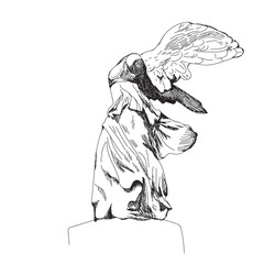 Vector illustration of Nike Samothrace marble statue in line, sketch. Isolated art object. Louvre, Parise