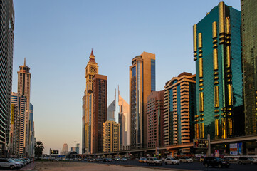 DUBAI, UAE - AUGUST 16: View of Sheikh Zayed Road skyscrapers in Dubai, UAE on AUGUST 16, 2016. More than 25 skyscrapers can be found here.