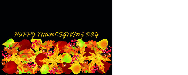 Greeting card with autumn leaves on a black background. Happy thanksgiving day. 