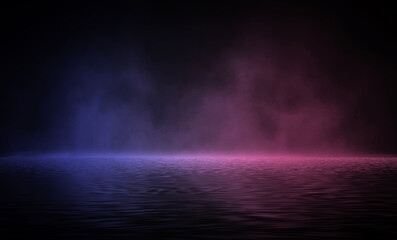 Night sea landscape, light reflection in the water. Empty natural scene, night view. 3D illustration.