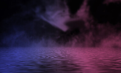 Night sea landscape, light reflection in the water. Empty natural scene, night view. 3D illustration.