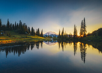 Tipsoo lake on sunset with a reflection of mt. Rainier, Washington