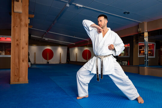 Karate man stand your ground on tatami doing "Empi Waza"