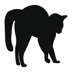  illustration of a black cat on a white background. The cat is standingt . Silhouette of a cat