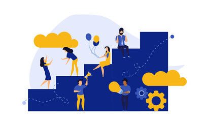 Achievement target career challenge vector flat illustration. People kpi walking steps to direction. Job journey business success leader ambition. Goal progress up climbing performance banner