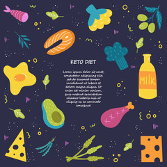 The keto diet. A collection of foods high in fat and protein. Hand drawing. Vector illustration with place for your text on a dark background.