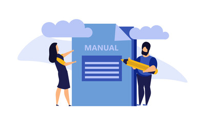 Man and woman create document book manual. Business handbook advice content vector. Online web paper digital illustration article journalism. Social marketing blogging design. Promotion banner guide