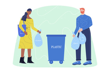 A poster of young people throwing plastic in a plastic waste bin. Vector illustration.