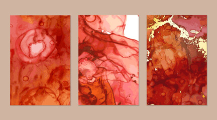 Flyers with red and gold geode or marble abstract backgrounds. Set of alcohol ink technique vector agate stone textures. Modern paint in natural colors with glitter. Template for banner, poster design
