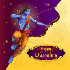 Dussehra greetings where rama aiming with bow and arrow - obrazy, fototapety, plakaty