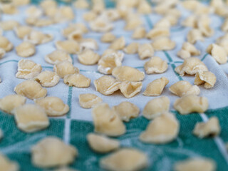 Dinner time at home with the family. On a tablecloth numerous orecchiette, a typical product of southern Italian cuisine.