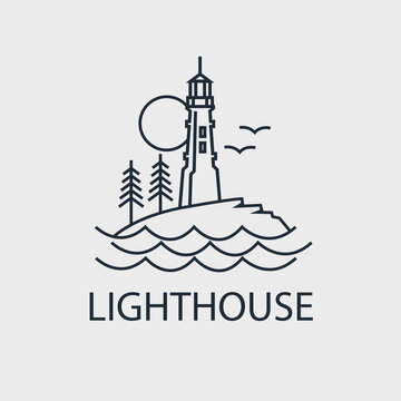 abstract lighthouse line icon with ocean waves and seagulls isolated on white background