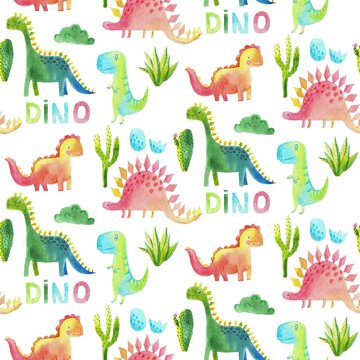Cute cartoon dinosaurs seamless pattern in scandinavian style. Hand painted watercolor dino and tropical florals illustration. Nursery art for childish background, fabric, textile, wallpaper, paper