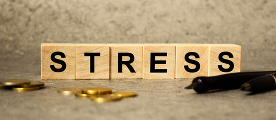 The inscription STRESS on financial or business topics on the texture of wooden cubes with money