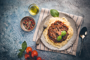 Classic Spaghetti bolognese on plate. Top view with copy space.