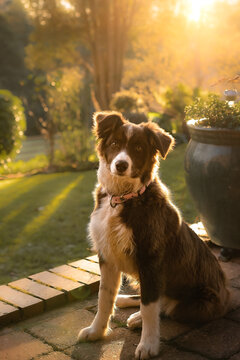 Border Collie pup bathed in golden sunlight