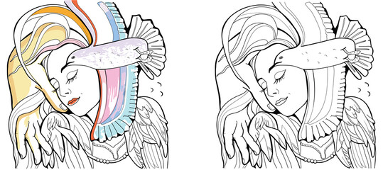 Modern Art.
The face of a girls from the birds and hands. Line art. Picture. Template for card, poster, banner.