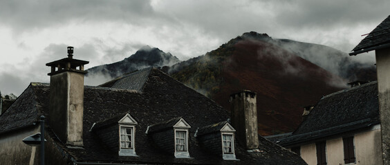 Horizontal panoramic of a French town with visible roofs