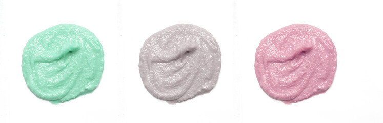 Cosmetics and makeup samples on white background