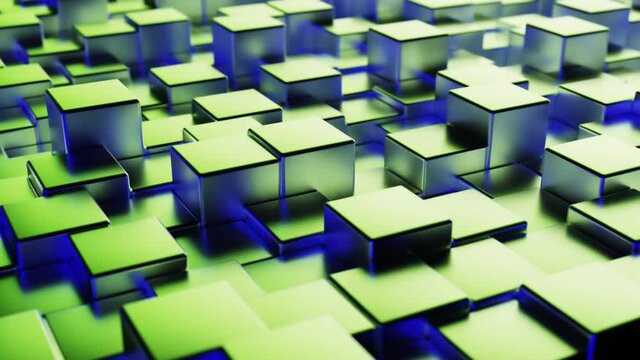 Abstract blue green metallic background from cubes. Wall of a metal cube. Seamless loop 3d render