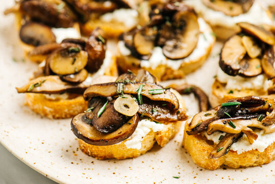 Closeup Shittake Mushroom Crostini