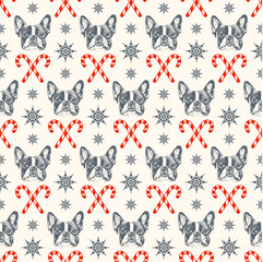 French bulldog seamless pattern, merry christmas and happy new year theme