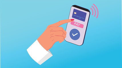 Pay by card via electronic wallet wirelessly on phone. New mobile banking app and e-payment vector illustration. Thin female hand touches smartphone screen. Shopping via nfc connected bank card.