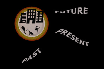 Representation of the moon in space with prehistoric animals and modern houses. Time and progress concept