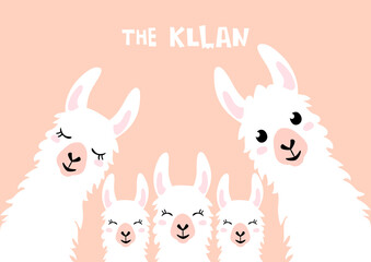 Llama Alpaca. The klan card. Family illustration, vector